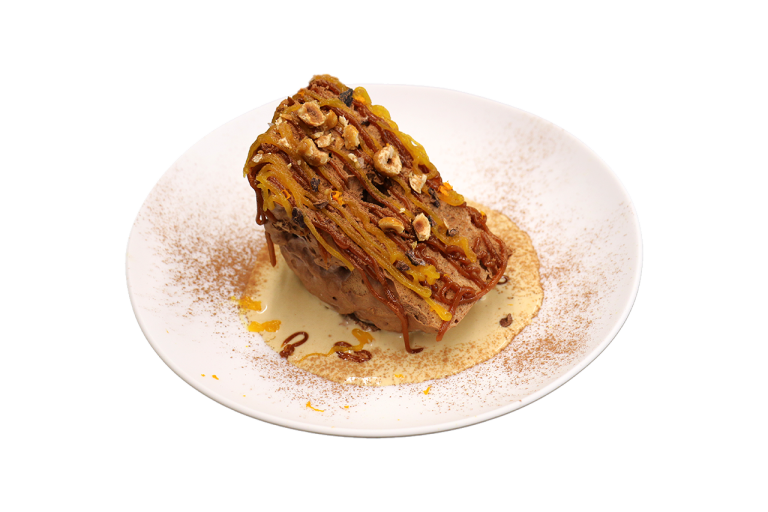 ☾ Esponja helada de chocolate, avellanas y maracuyá.