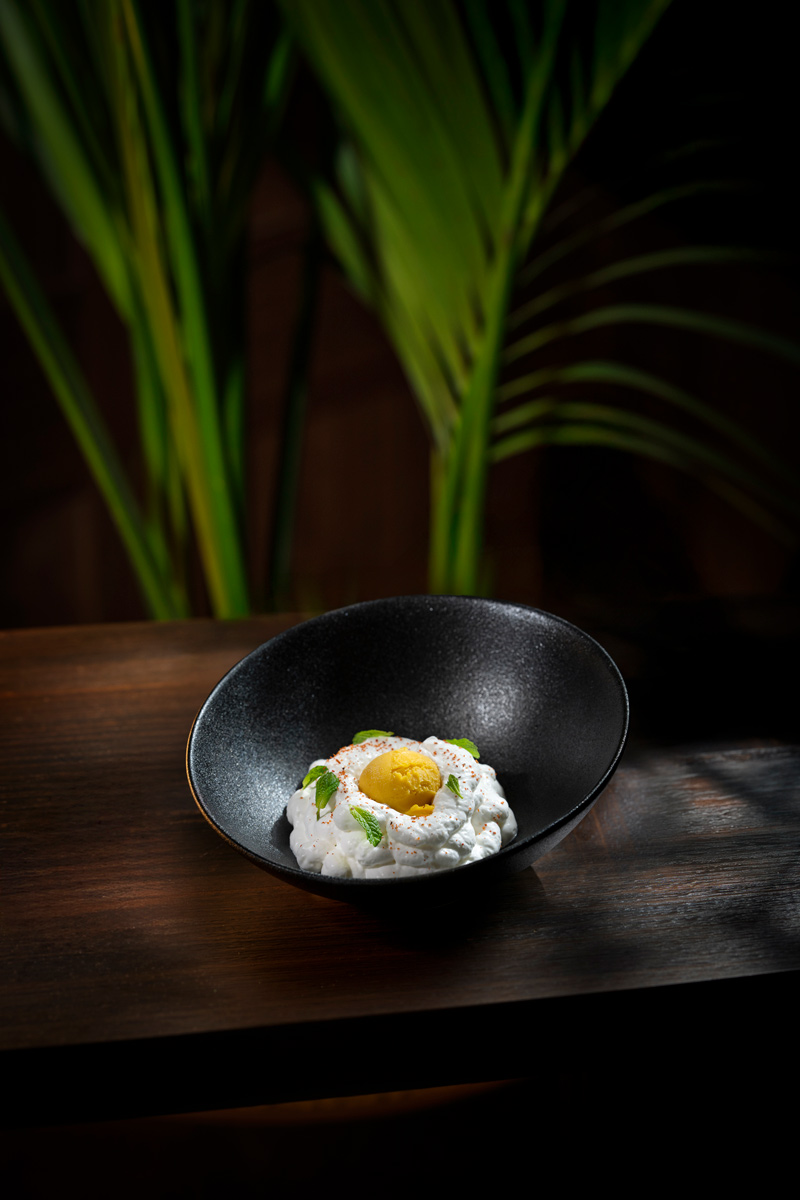 Coconut and kaffir lime foam, mango and passion fruit sorbet
